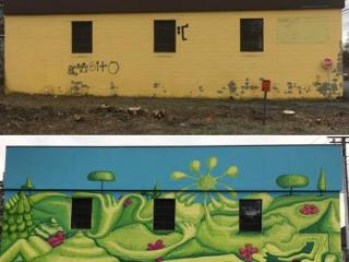 Before and after of mural on building.