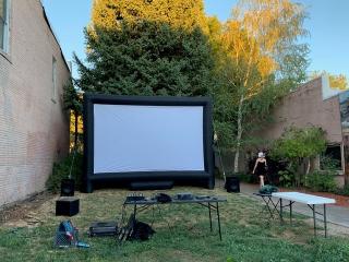 Pocket park after with portable movie screen