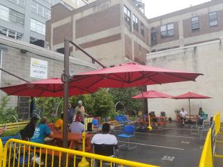 Outdoor dining area at Sunday Breakfast Rescue Mission.