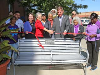 Ribbon cutting for new bench.