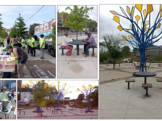 Photo collage of new tables and seats with artistic "trees" for shade.