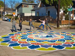 Group with artistic painted intersection.
