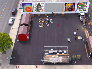 Overhead of view of Market Square with murals and incubator buildings.