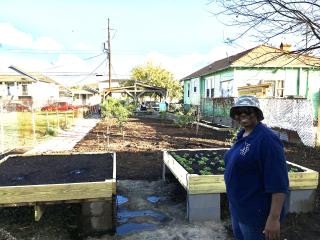 Volunteer with completed community garden.