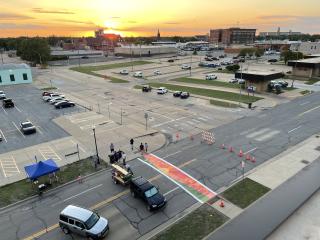 Overhead view of artistic crosswalk of sunset, at sunset.