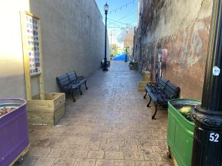 Alley with new benches, planters, and butterfly tile art.