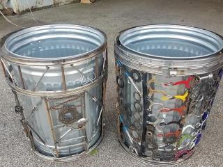 Artistic trash bin holders.