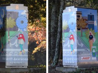 Artistic vinyl wrap promoting East Coast Greenway on utility boxes.