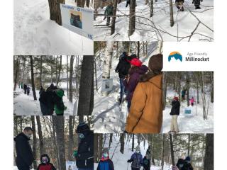 Photo collage of people snowshoeing for the story trail.