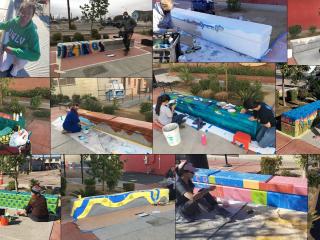 Photo collage of artists painting murals on benches.