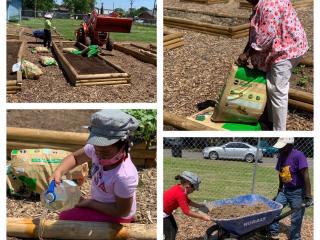 Picture collage of people working in community garden.