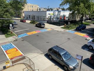 Overhead view of painted crosswalks.