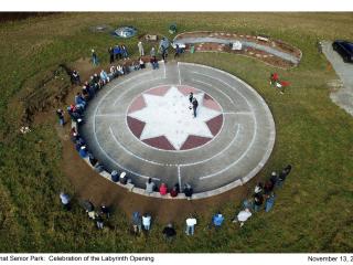 Overhead view of sundial and labyrinth at ribbon cutting event.