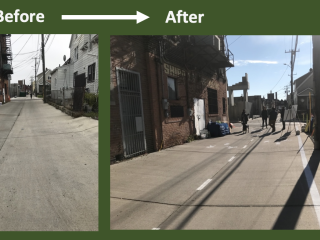 Before and after of alley with bike lane.