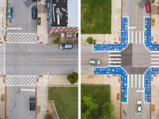 Overhead view of crosswalk before and after.