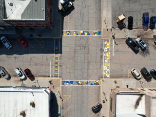 Overhead view of artistic crosswalks