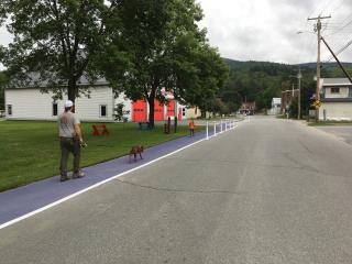 Painted walking lane with traffic delinators.