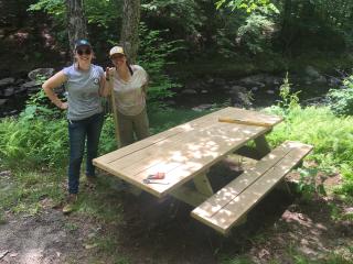 Picnic table by stream.