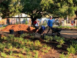 Volunteers spreading mulch.