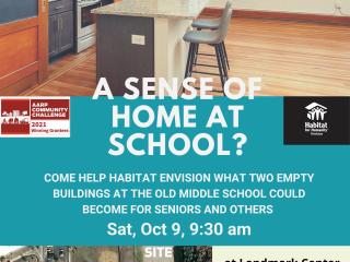 Flyer for community event to reimagine a middle school as housing.