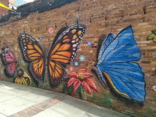 Butterfly mural on alley wall.