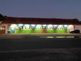 Completed mural with lights at night.