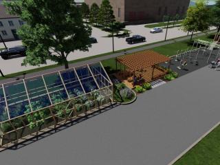 Conceptual plan of greenhouse, gazebo, and play area in parking lot.