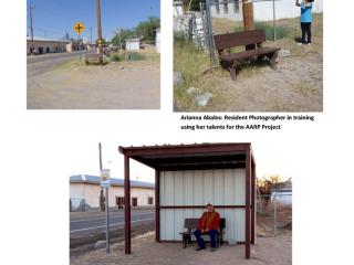 Photo collage of covered bus stop and bench.