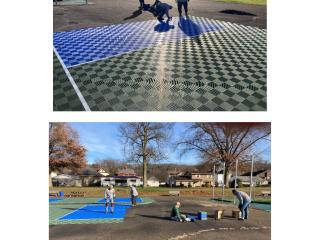 Photo collage of pickleball court installation.