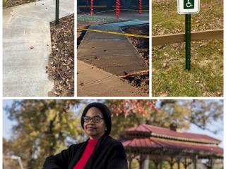 Photo Collage of new signs, pavilion, and bench.