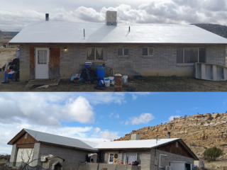 Photo collage of roof repair.