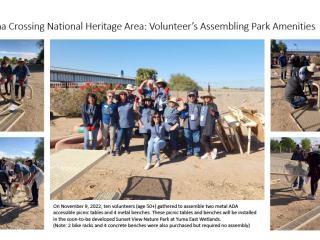 Photo collage of volunteers assembling picnic tables.
