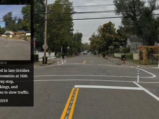 Photo of intersection after improvements with embedded photo of view before.