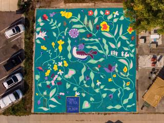 Overhead view of parking lot after mural.