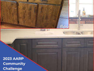 Before and After photo of kitchen cabinets.
