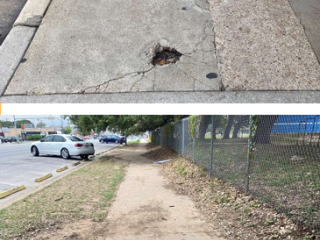 Photo collage of broken concrete on sidewalk.