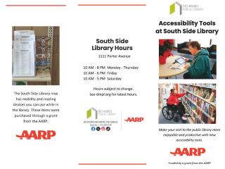 Flyer for availability of Accessibility Tools at South Side Library (page 1) .