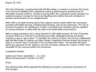 Press release announcing accessory dwelling unit competition (page 1).