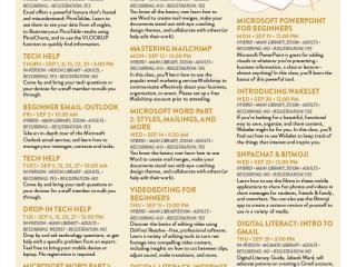 Flyer for various digital literacy classes at different libraries.