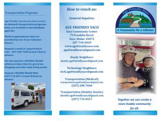 Flyer for Age-Friendly Saco that mentions transportation program.