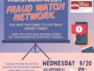 Flyer for "Fraud Watch" event (English version).