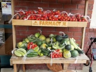 Farmacy cart stocked with free produce.