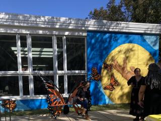 Monarch butterfly bench and Monarch mural.