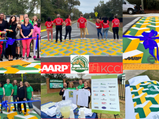 Photo collage of new artistic crosswalk and ribbon cutting.