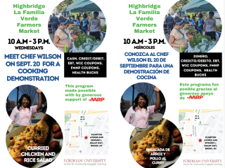 Flyer for cooking demonstration at Highbridge La Familia Verde Farmers Market.
