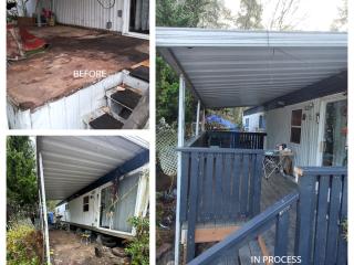 Before and After photo of repaired stairs and deck.