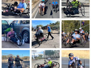 Photo collage of older adults using adaptive bicycles.