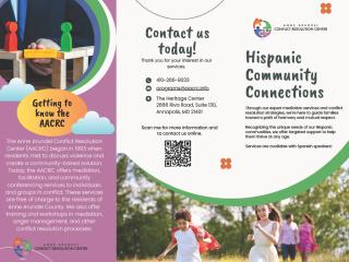 Brochure for service for Hispanic community( (in English, Page 1).