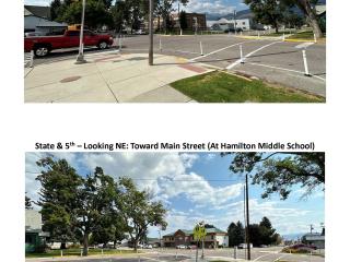 Temporary protected pedestrian zone at intersection.