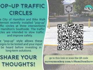 Postcard sent to community about the pop-up traffic circles with QR Code requesting feedback